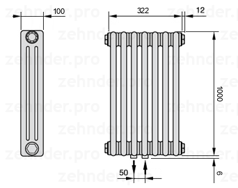 Схема (чертеж) Радиатор Zehnder Charleston 3100/7 №5410 Белый глянцевый RAL 9016